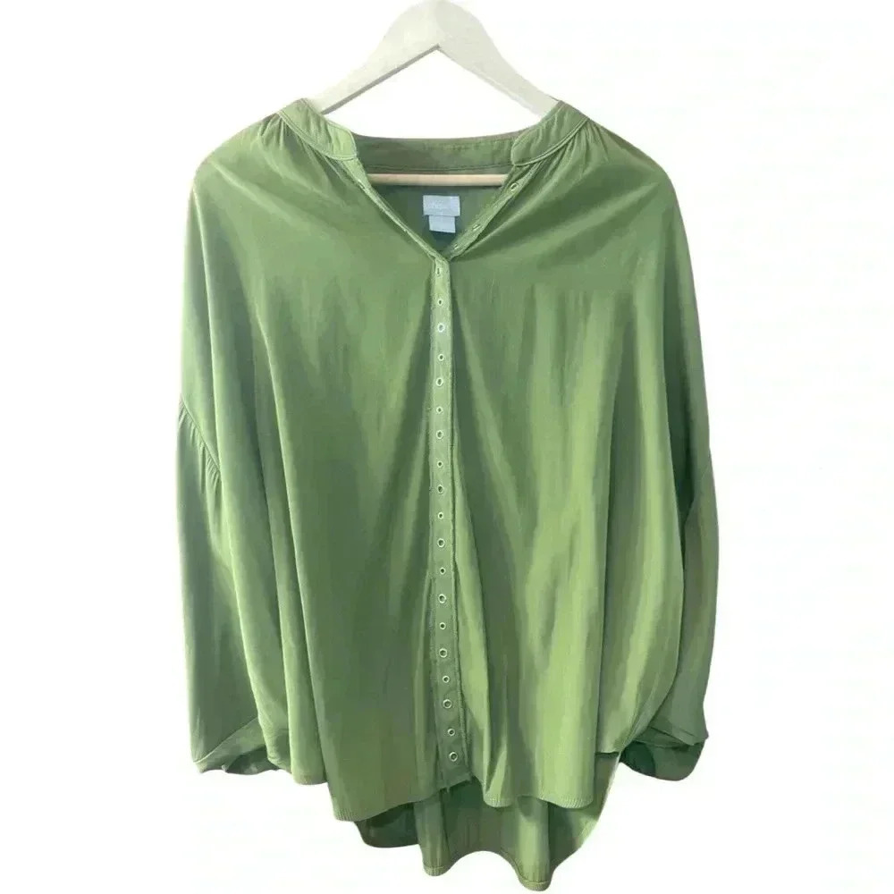 Chicos Ring-Trim Blouse Size 2 Olive Green